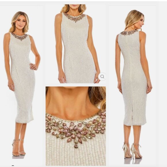 MAC DUGGAL 93607 FULLEY SEQUINED JEWLED HIGH NECK FITTED PORCELAIN MIDI DRESS 6 - Picture 3 of 3